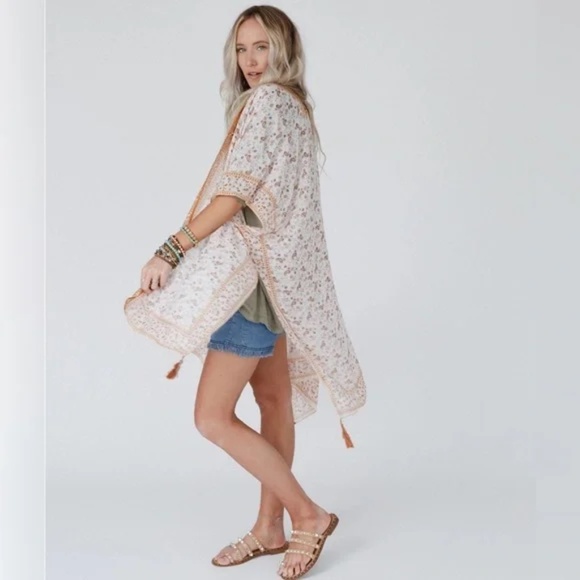 Camel Ditsy Floral Paisley Kimono Open Wrap Coverup Top One Size - Picture 4 of 5